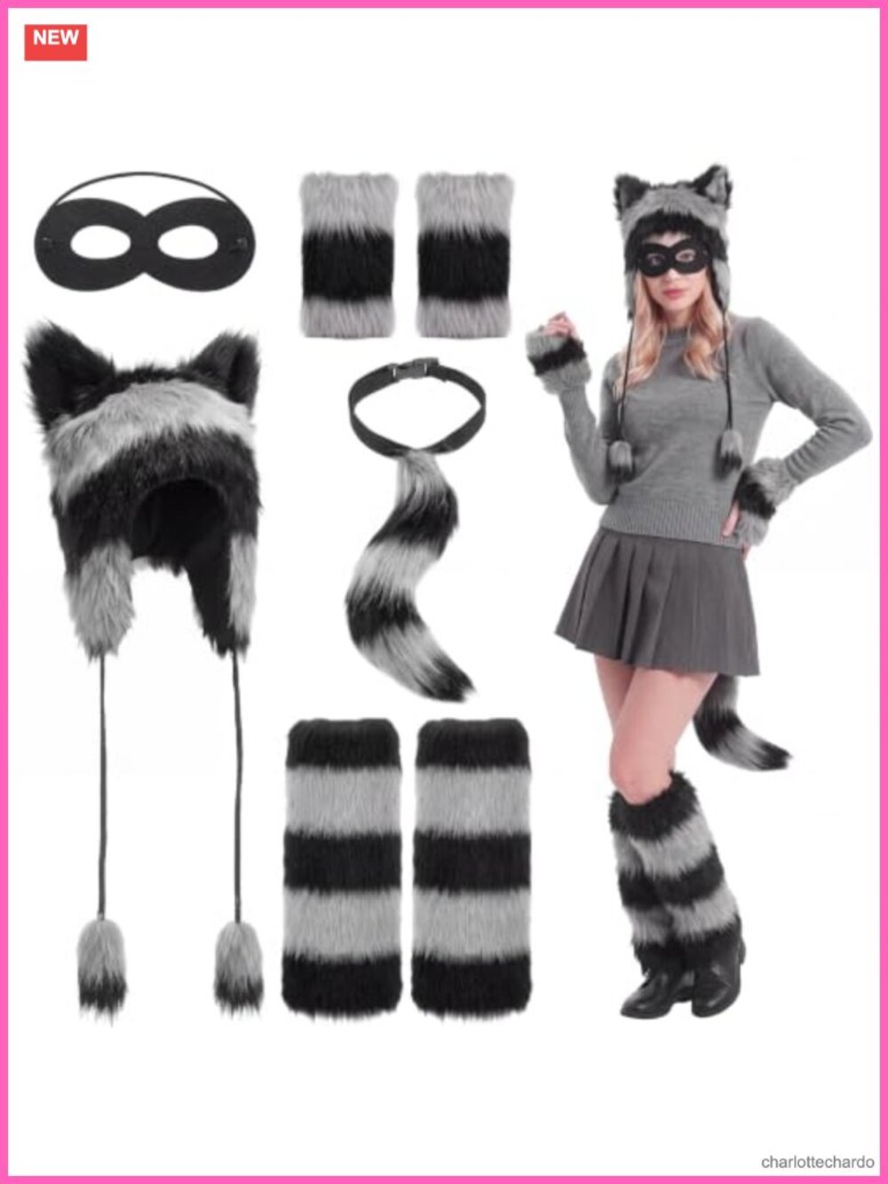 Raccoon Costume Accessory Set Ear Hat Tail Mask Gloves Leg Warmers Cosplay